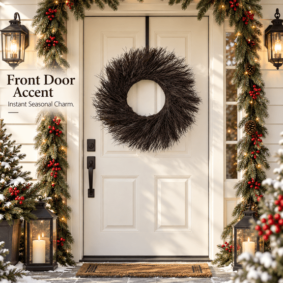 Black Branch Wreath Door Decor, Eerie Bare Twig Style Hanging Wreath for Halloween and Christmas Displays, Dark Seasonal Decoration for Front Door, Porch, Wall and Party Backdrop