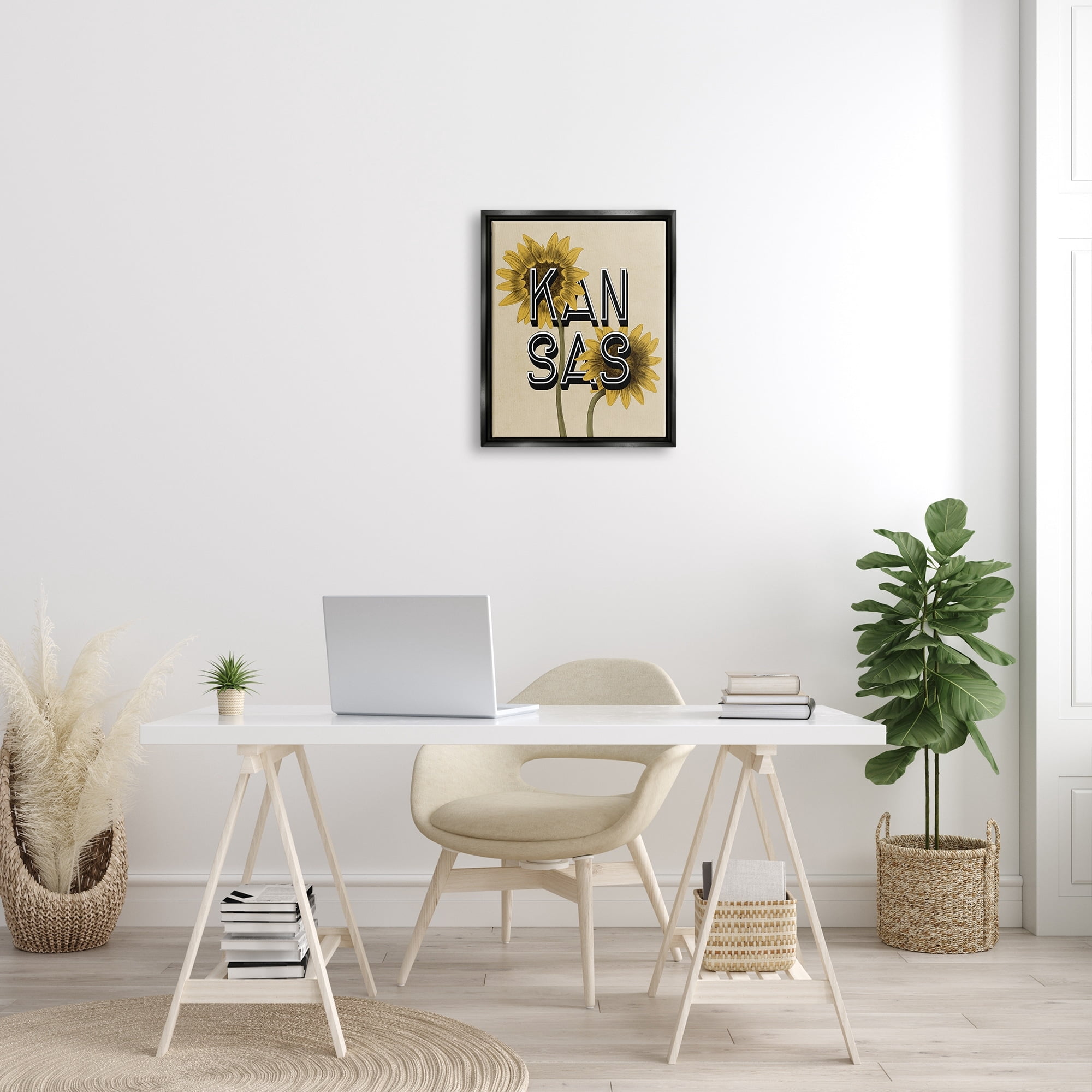 Stupell Industries Kansas Sunflowers Blossoms State Flower Botanicals Graphic Art Jet Black Floating Framed Canvas Print Wall Art, Design by Daphne Polselli