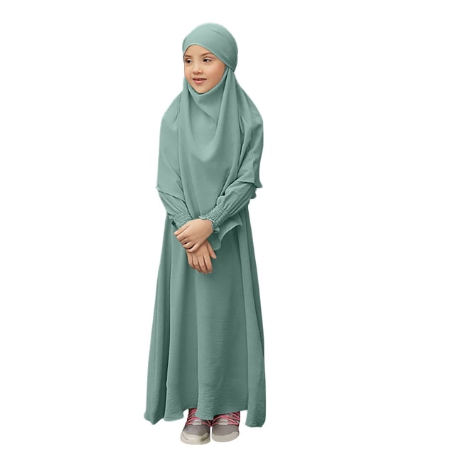 RXMEKW Ensemble de Robe Musulmane avec Châle pour Filles Manches Longues Col Rond Robe à Volants Tenue 2 Pcs Rose
