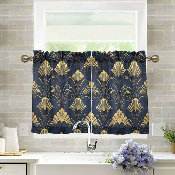 Yayeee Kitchen Curtains Light Filtering 27"x36" Rod Pocket Short Cafe Window Panel, Gold Art Pattern