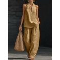 thumbnail image 3 of Women 2 Piece Outfits Halter V Neck Sleeveless Top and Wide Leg Pants Set with Pockets Beige XL, 3 of 6