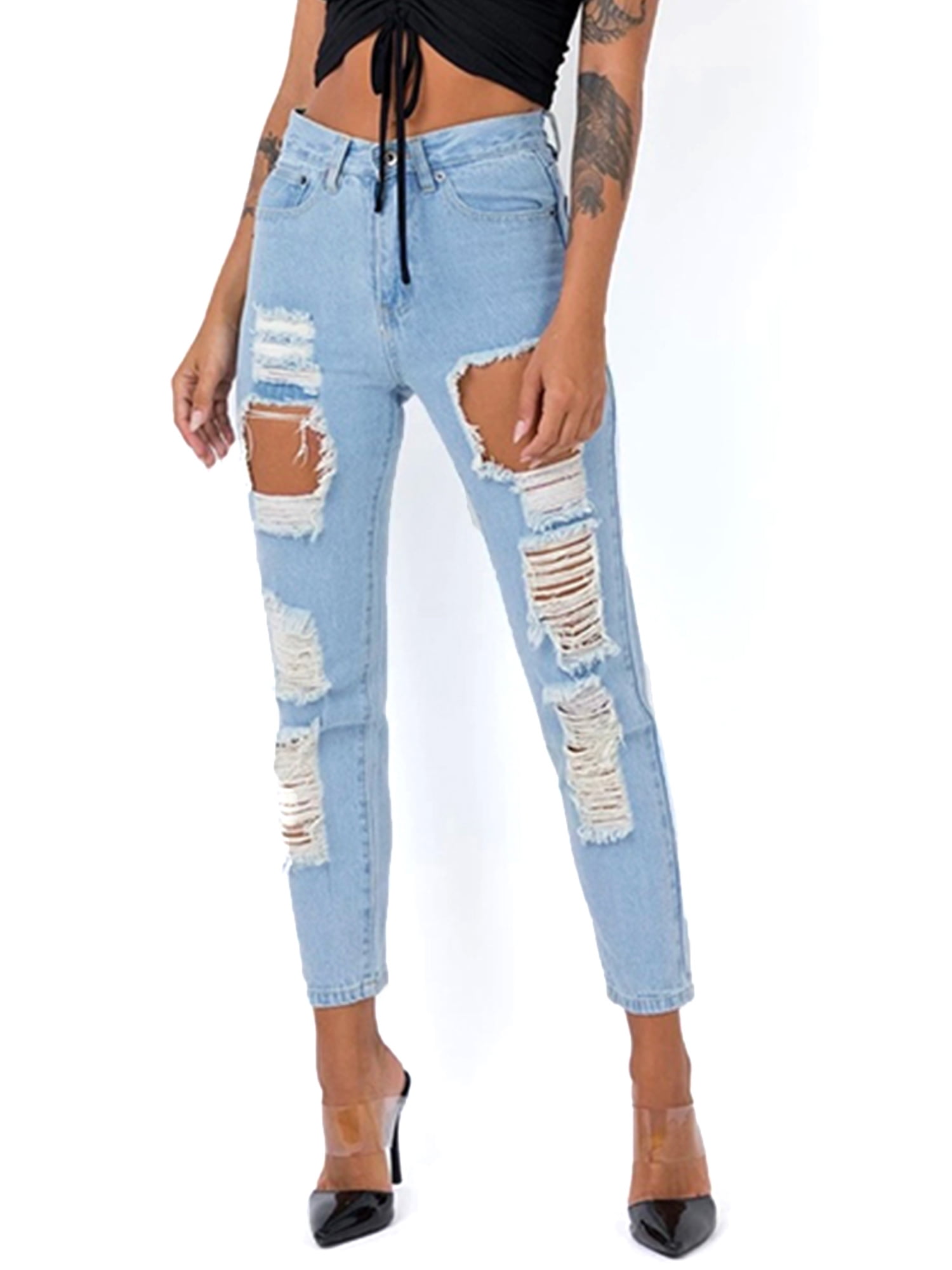 JustVH Women's MidRise Boyfriend Denim Ripped Jeans