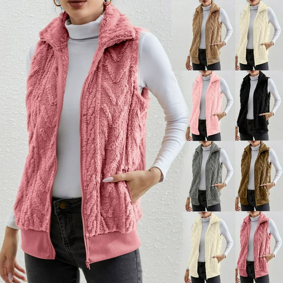 Elainilye Fashion Cardigan Sweaters for Women Solid Color Pocket Jacket Fleece Sleeveless Lapel Loose Coat Top,Beige