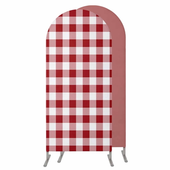 Farmhouse Buffalo Plaid Wedding Arch Cover, Stretchy Spandex Arch Backdrop Stand Covers 4 FT, Red White Checkered Round Top Arched Backdrop Cover for Birthday Party Ceremony Baby Shower Event