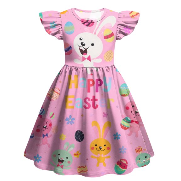 Easter Dresses for Girls Flutter Sleeve Bunny Print Dress Size 4-12 Spring Cute Midi Dresses Kids Crew Neck Swing Dresses Easter Dresses for Girls Tween Girls Clothes