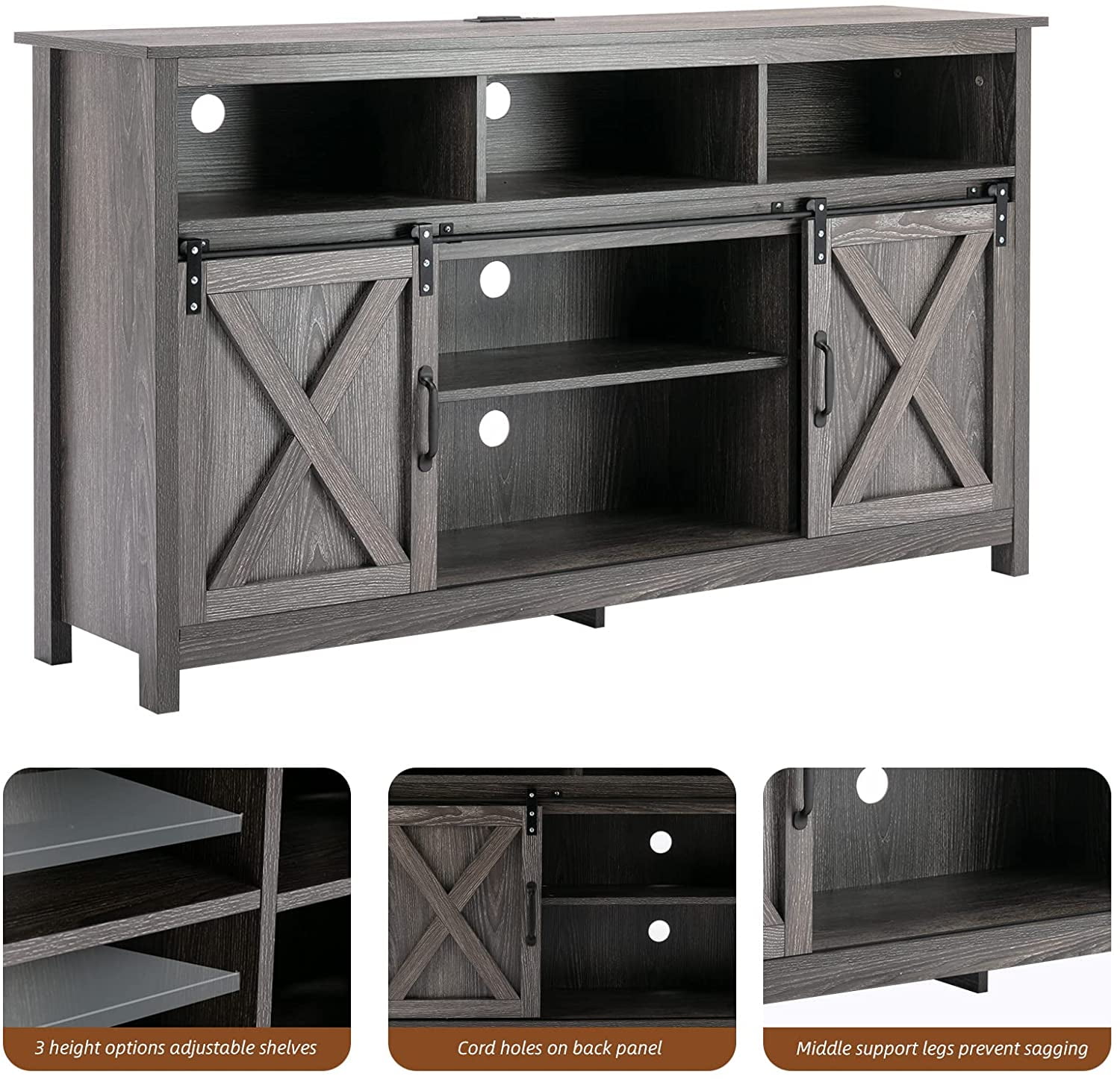 Yaoping Farmhouse Barn Door TV Cabinet Up to 65" TV Media Console with Open Shelves Adjustable Storage, Entertainment Center with Power Outlets(Grey)