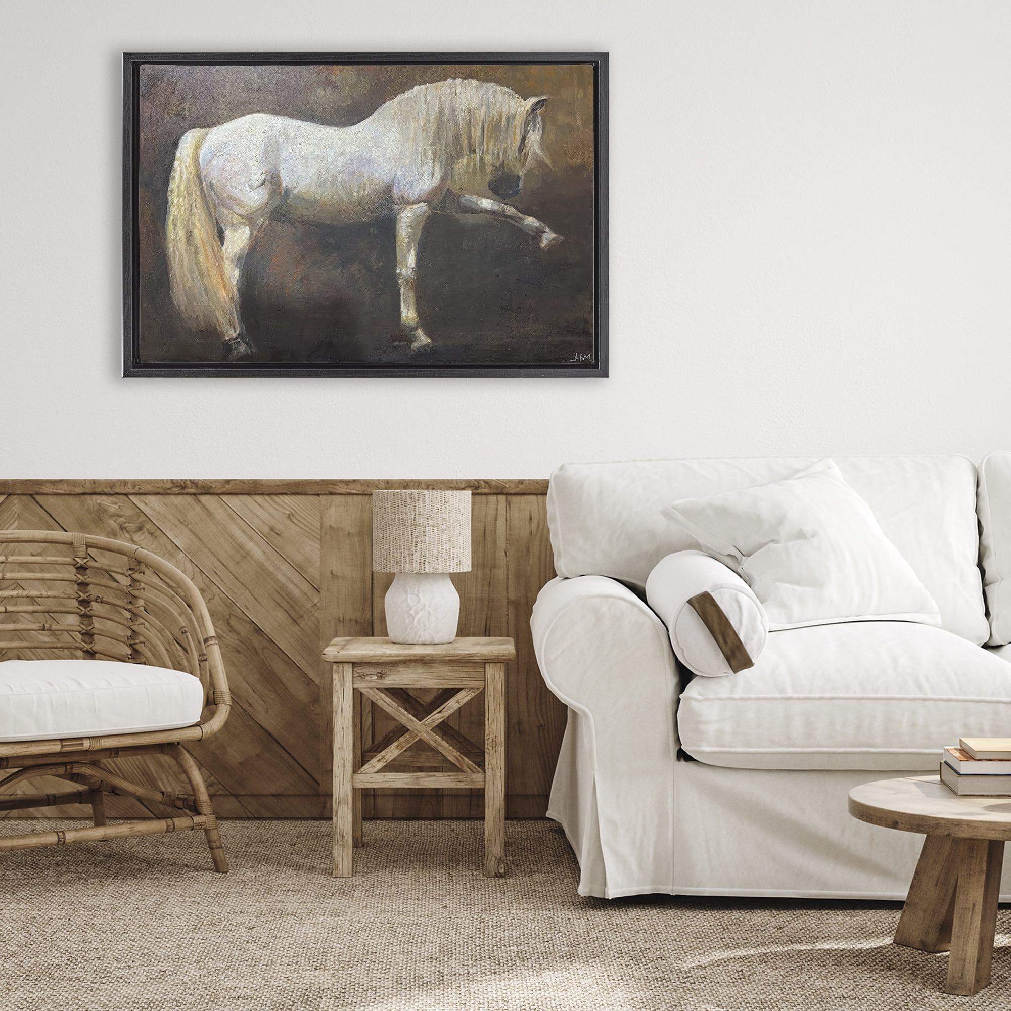 Stupell Industries Elegant White Stallion in Motion Black Framed Floater Canvas Wall Art, design by Hilary McCarthy
