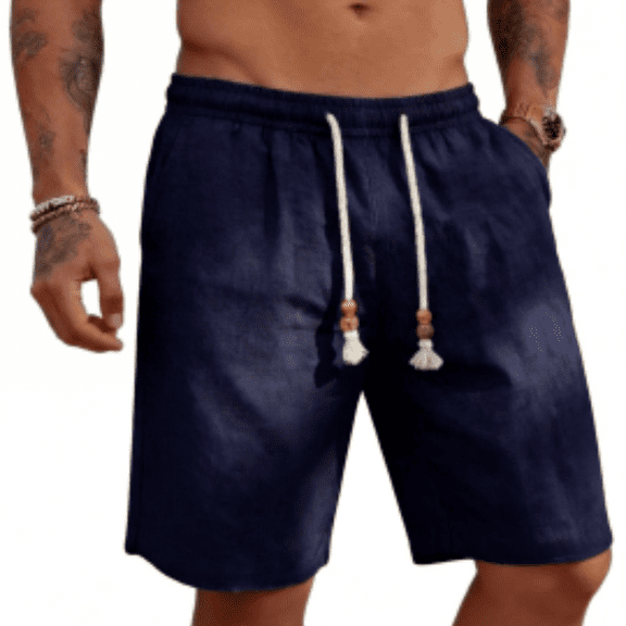 Sewkxo Men's Linen Shorts Casual Elastic Waist Drawstring Summer Beach Vacation Golf Shorts with Pockets,Navy 2XL