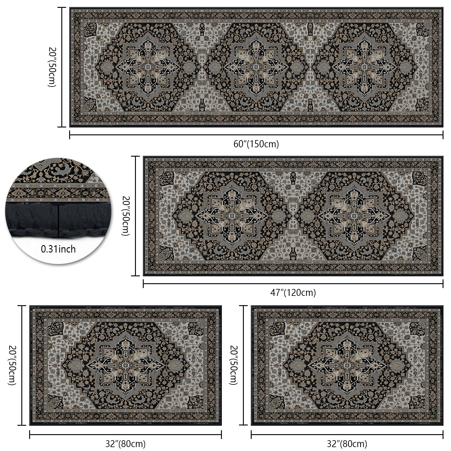 TECHVIDA Kitchen Rugs 4 Piece Set,Non Slip Machine Washable Kitchen Mats,Boho Vintage Abstract Kitchen Carpet for Farmhouse Living Room Hallway
