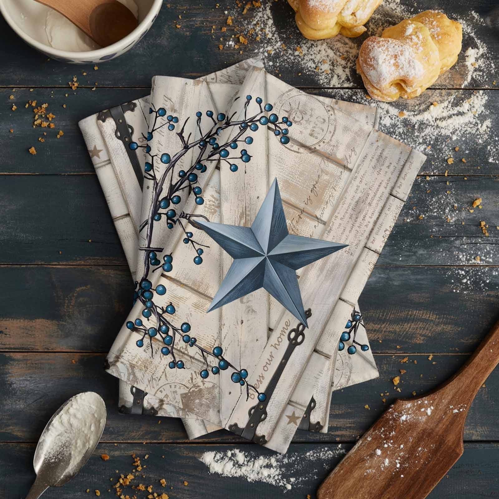 Texas Star Vintage Kitchen Towels Set of 2, Water Absorbent Dish Towel, Retro Navy Blue Berry Wooden Decorative Hand Towels - Quick Drying Cloth for Cooking Baking, 18x28 Inch