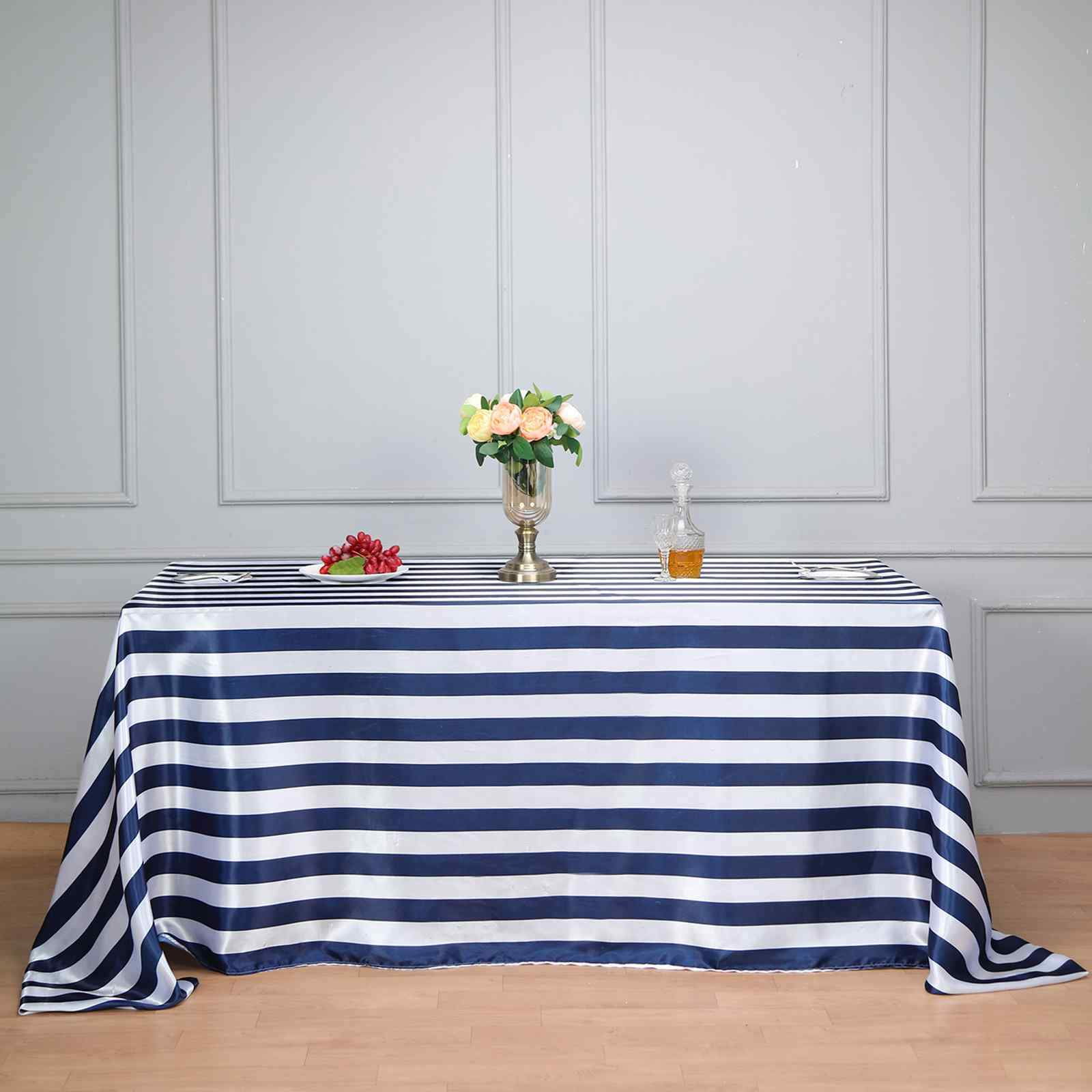 Efavormart 90"x156" Navy Blue & White Stripe Satin Rectangle Tablecloth