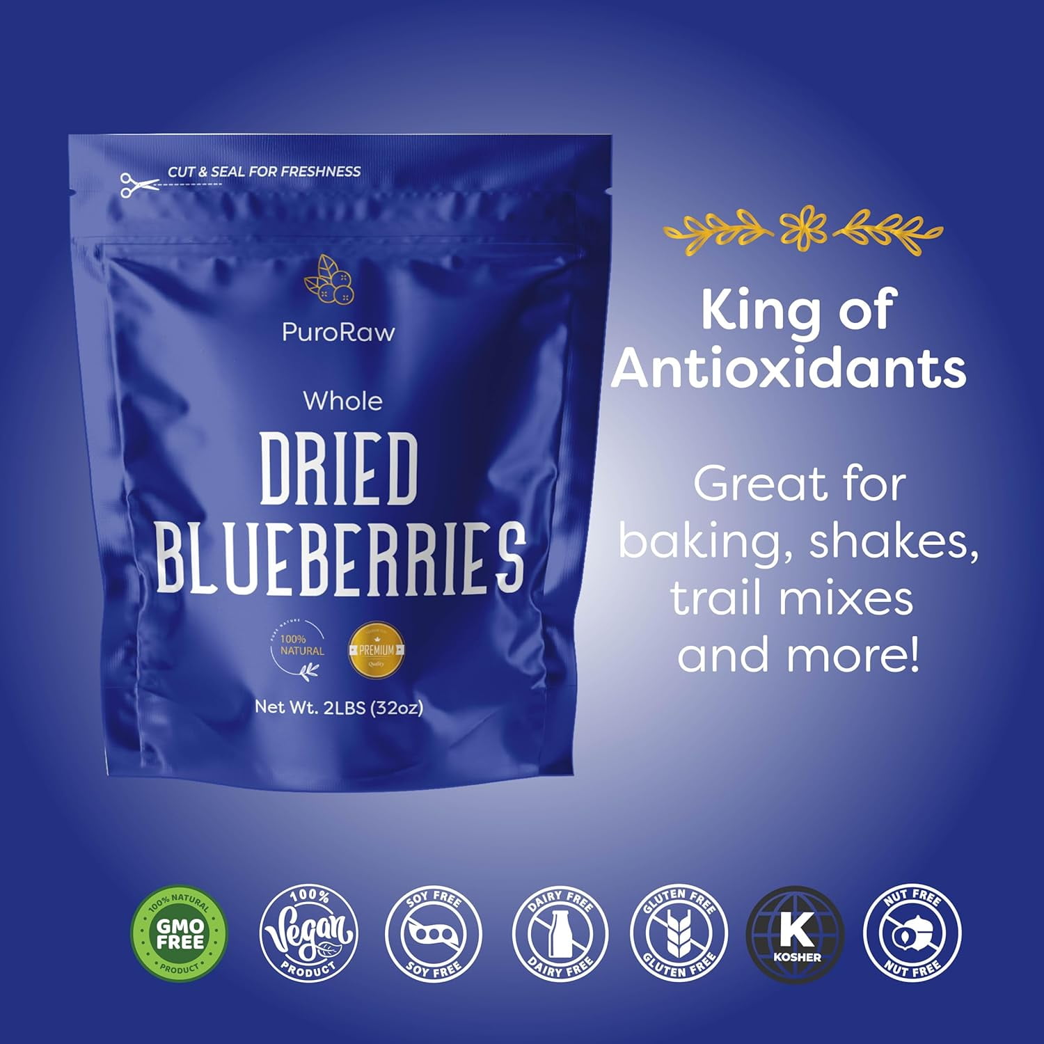PuroRaw Dried Blueberries No Sugar Added, 2 lbs | Whole Dehydrated Blueberries, All Natural, Non-GMO, Bulk Fruit Snack & Baking Ingredient