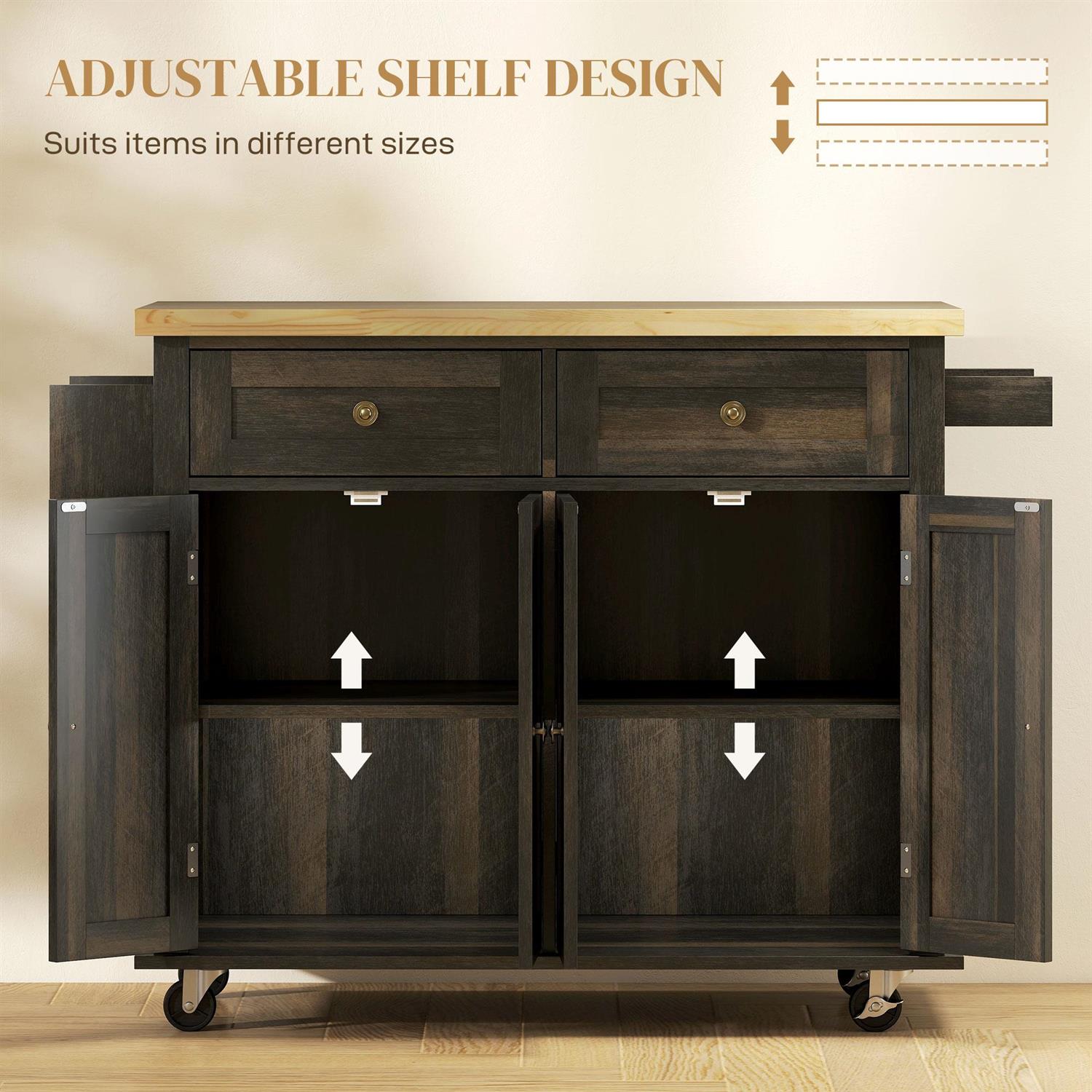 Demi Bonn 43" Rolling Kitchen Island Table Cart with Rubber Wood Top, Drawers, Adjustable Shelves, Spice Rack and Towel Rack for Dining Room, Brown