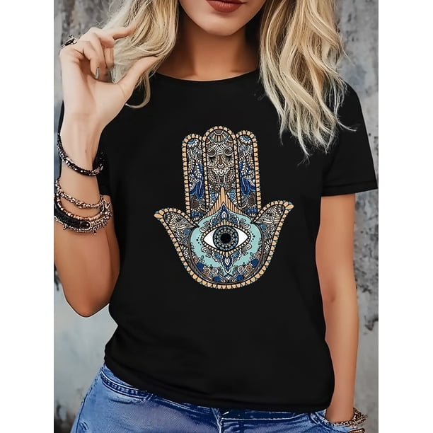 Women's Bohemian Black T-Shirt with Intricate Hamsa Hand & Eye Design - 92% Cotton/8% Elastane Blend, Stretchy Short Sleeve Round Neck Top, Machine Washable All-Season Casual Shirt