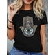 thumbnail image 1 of Women's Bohemian Black T-Shirt with Intricate Hamsa Hand & Eye Design - 92% Cotton/8% Elastane Blend, Stretchy Short Sleeve Round Neck Top, Machine Washable All-Season Casual Shirt, 1 of 6