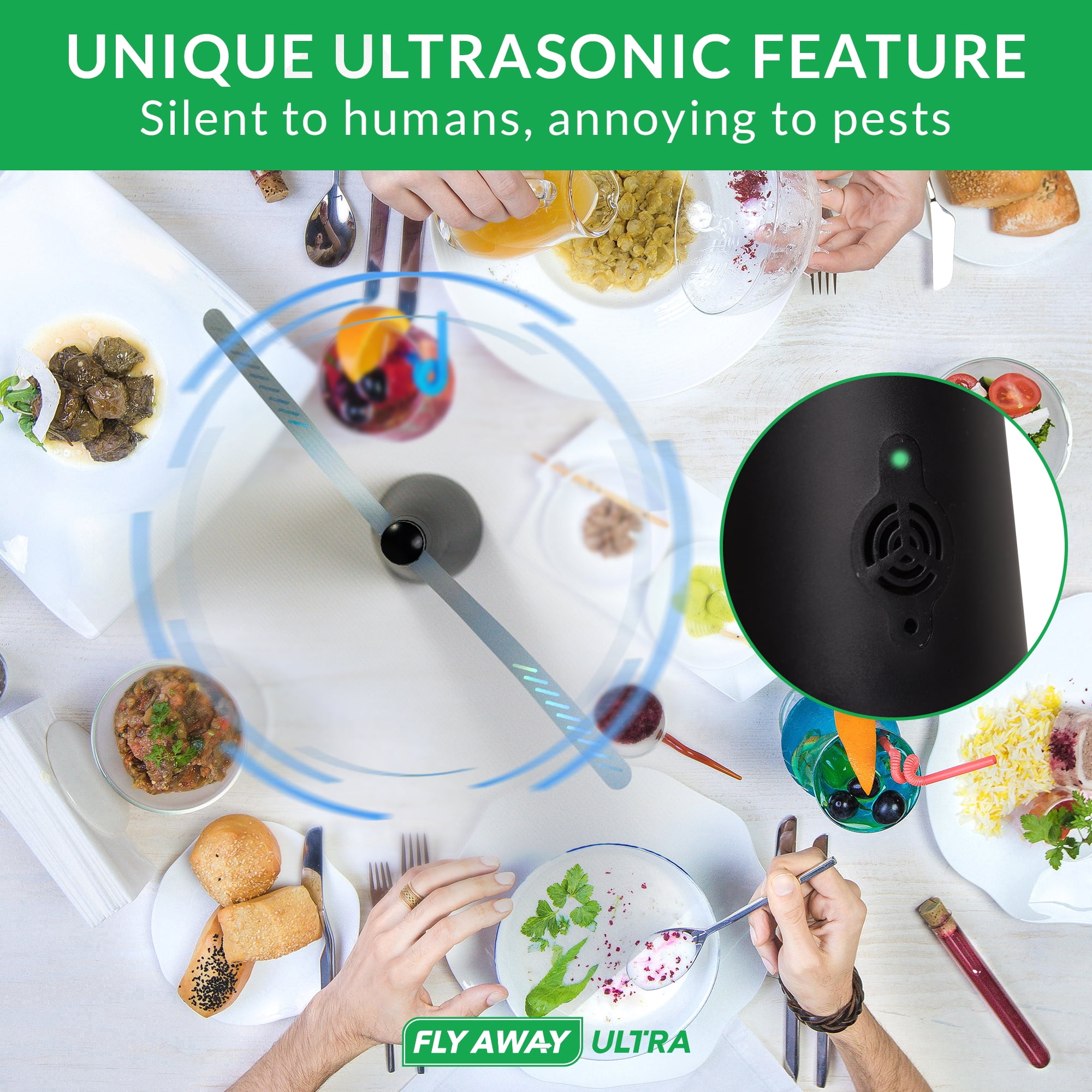 Fly Away Ultra - 2 Pack Rechargeable Outdoor Fly Fans for Tables with Ultrasonic Protection. Deter Flies and Other Flying Insects and Bugs From Meals