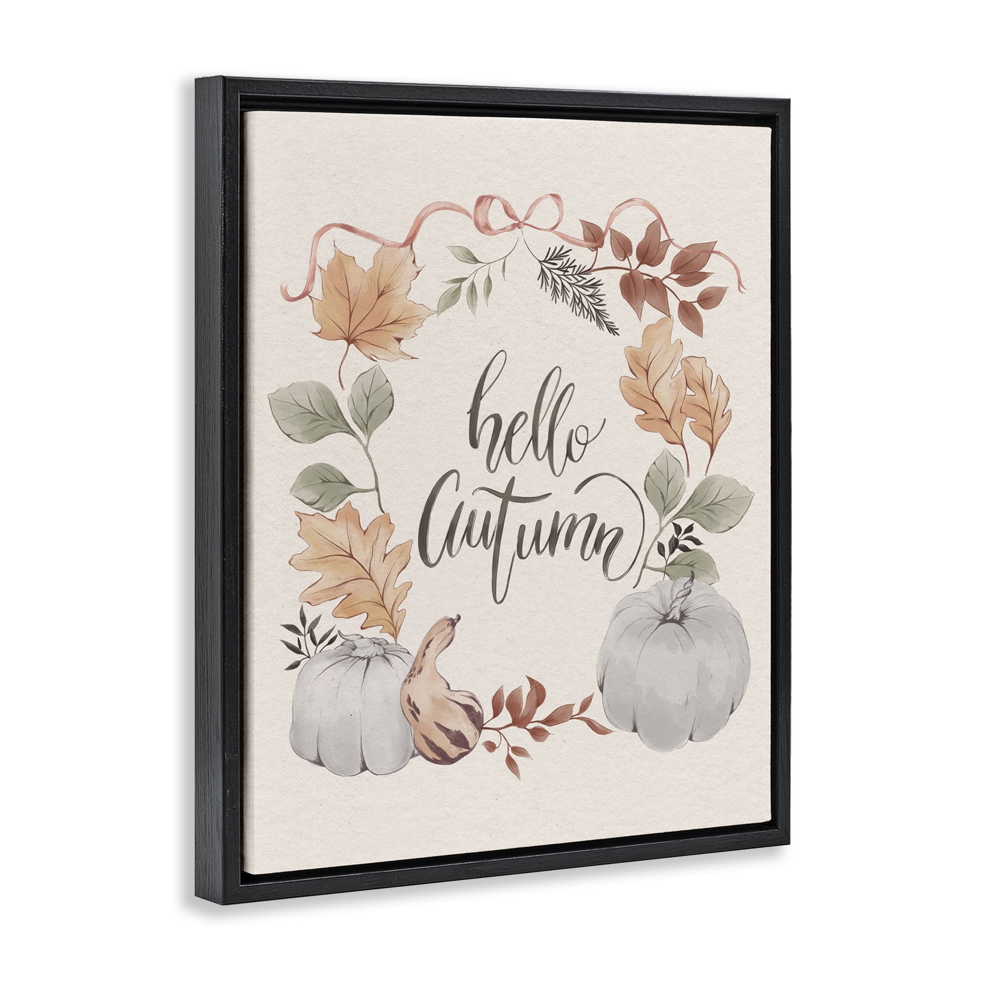 Stupell Industries Hello Autumn with Garland Animals Painting Black Floater Framed Canvas Art Print Wall Art, 17 x 21