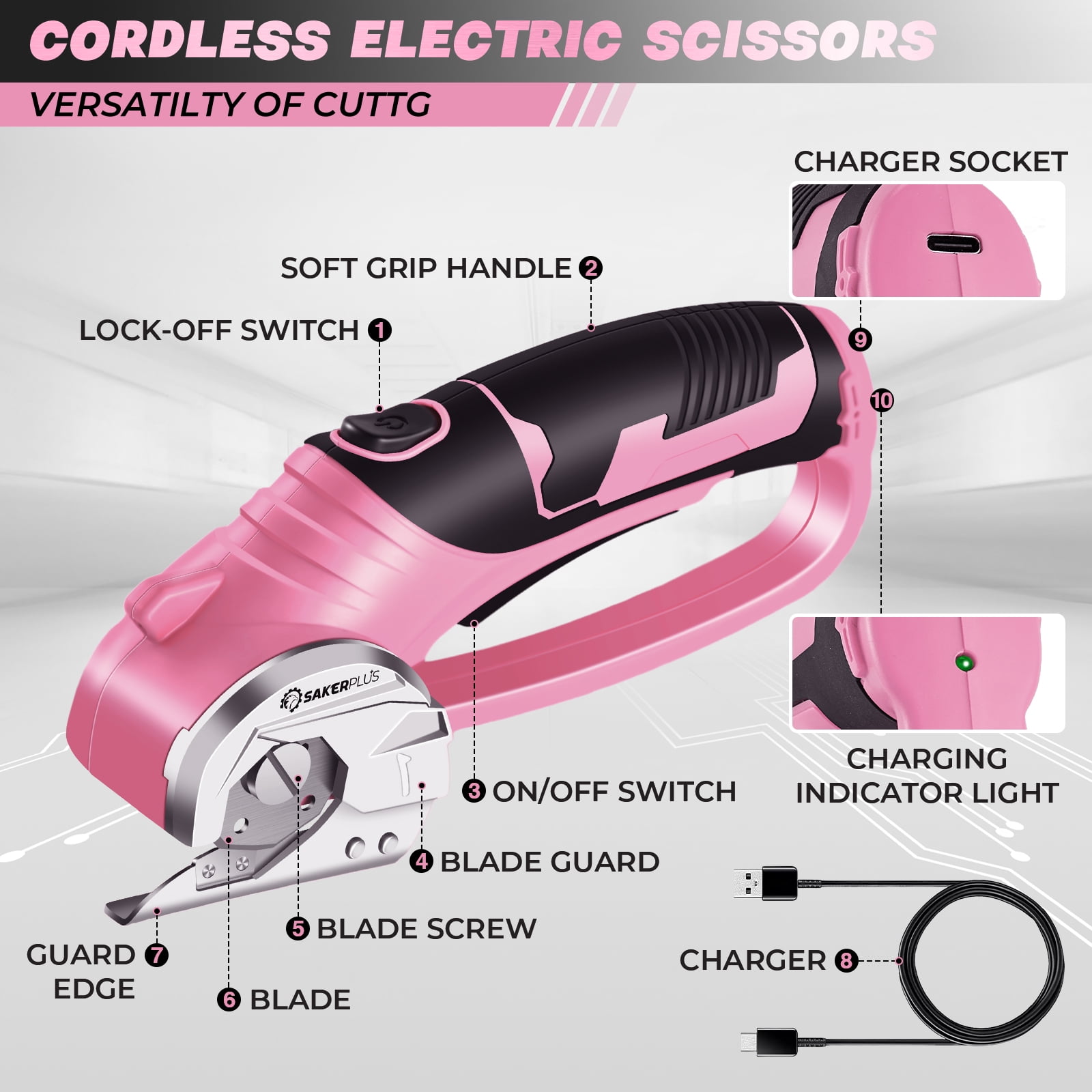 Saker 4V Cordless Electric Scissors, Cardboard Cutter with Safety Lock, LED Light, 220RPM Rotary Cutter for Cardboard, Fabric, Box, Leather, Pink