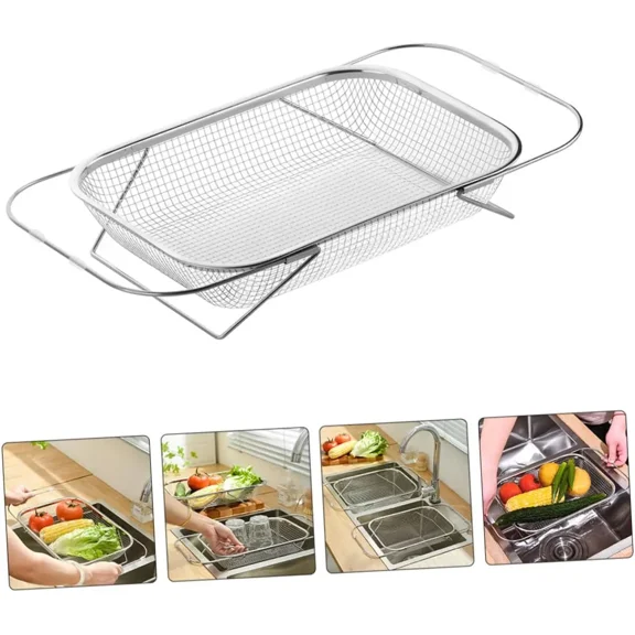 Over the Sink Colander, Expandable Stainless Steel Fine Mesh Strainer Basket with Handles, Kitchen Sink Drainer for Pasta, Fruits and Vegetables, Rinsing, Washing and Food Prep