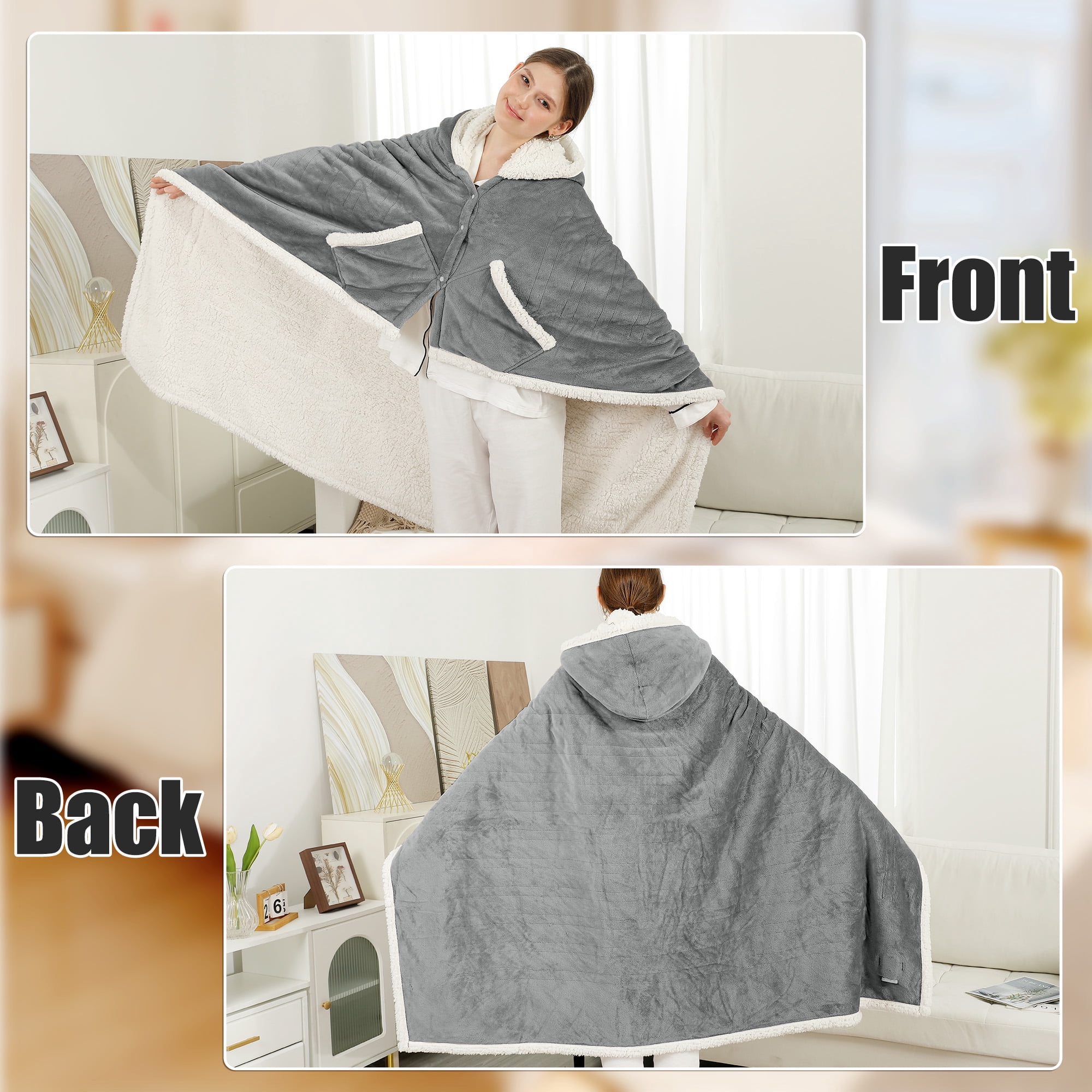 TRUSTWARMTH Wearable Heated Throw Blanket 50"*64", Electric Heated Throw Blanket Wrap Poncho with Hood Pockets, 6 Heating Levels & 4 Hours Time Settings, Machine Washable, Grey