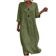 thumbnail image 2 of Wovilon Women's V-Neck Button Front Midi Dress with 3/4 Rolled Sleeves and Relaxed Fit, Cotton Linen Blend Casual Loose Shift Dress for Summer Vacation, 2 of 6