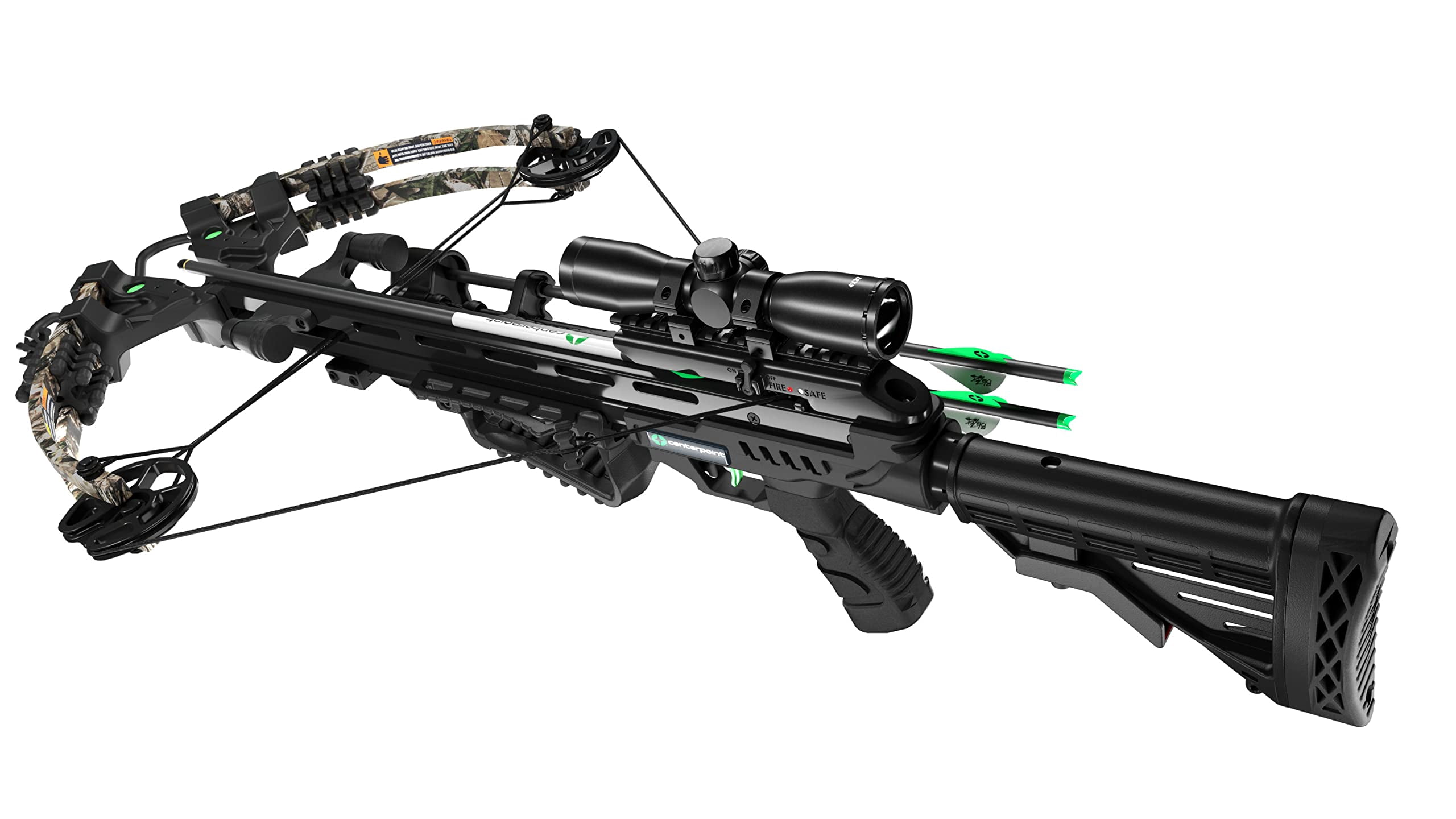 CenterPoint Sniper Elite 385 FPS Crossbow with 4x32mm Scope with Detachable Quiver, (Black/Camo)