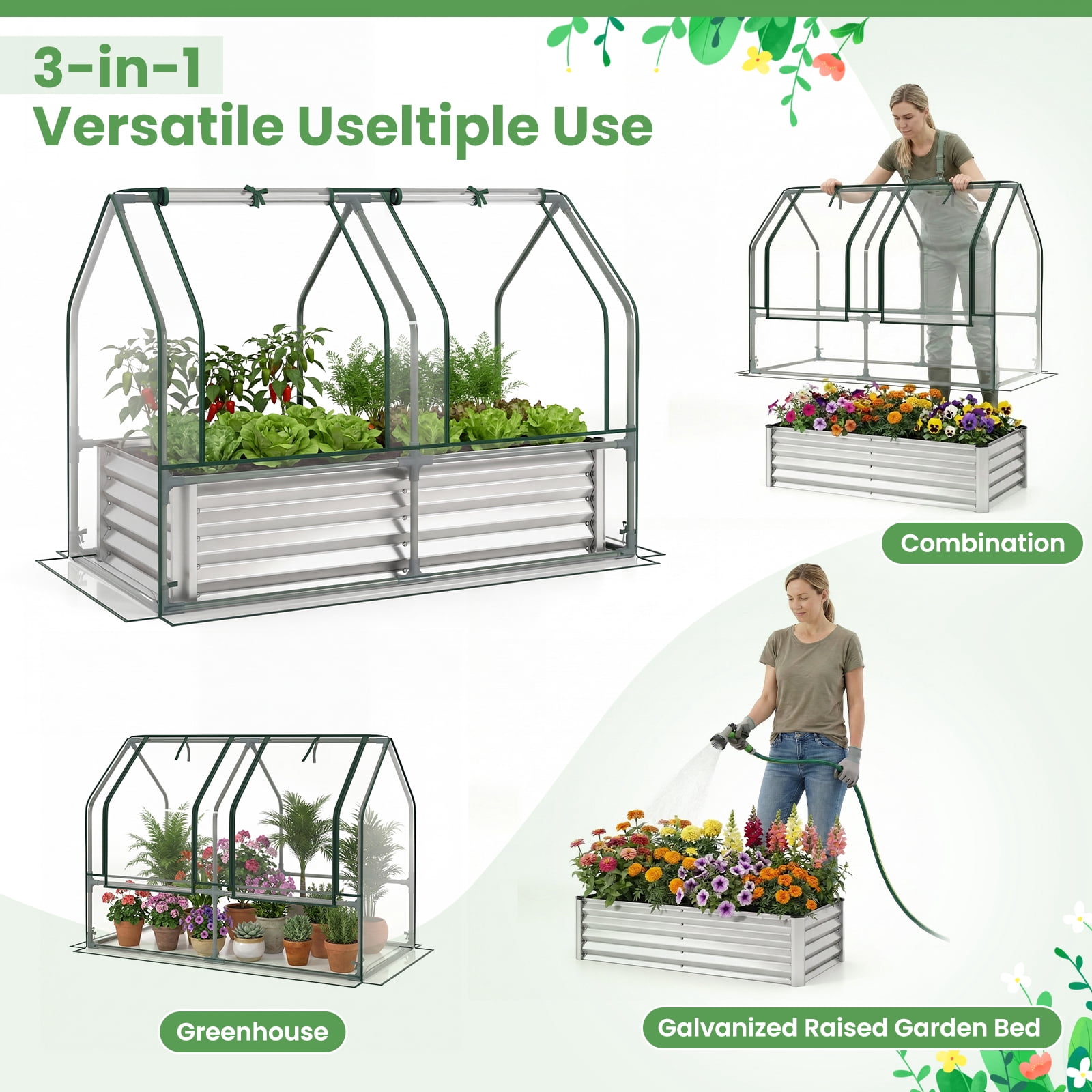 Gymax 4 x 2 x 3 FT Small Galvanized Raised Garden Bed w/Greenhouse Cover Windows Sliver & Transparent