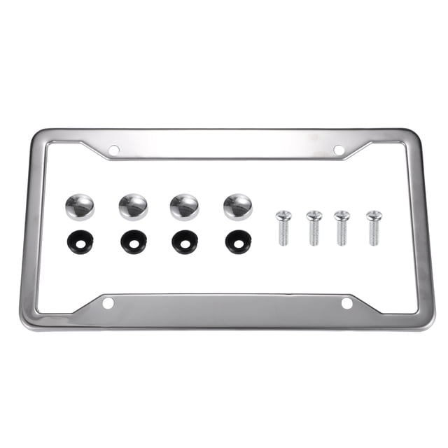 Marco de placa de matrícula de metal de acero inoxidable, cubierta delantera trasera para placa de coche, soporte para pulido de espejo a prueba de óxido con tornillos y almohadillas antisonajero, tono plateado Unique Bargains marcos de placas de automóviles