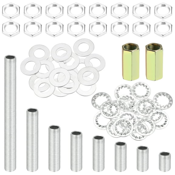 58 Pcs 8 Size Lamp Pipe Nipples Kit with Hex Nuts Washers, M10 Fine Threaded Hollow Tube Repair Hardware Fasteners Assortment for Assembly Chandelier Ceiling Lamp DIY, Silver