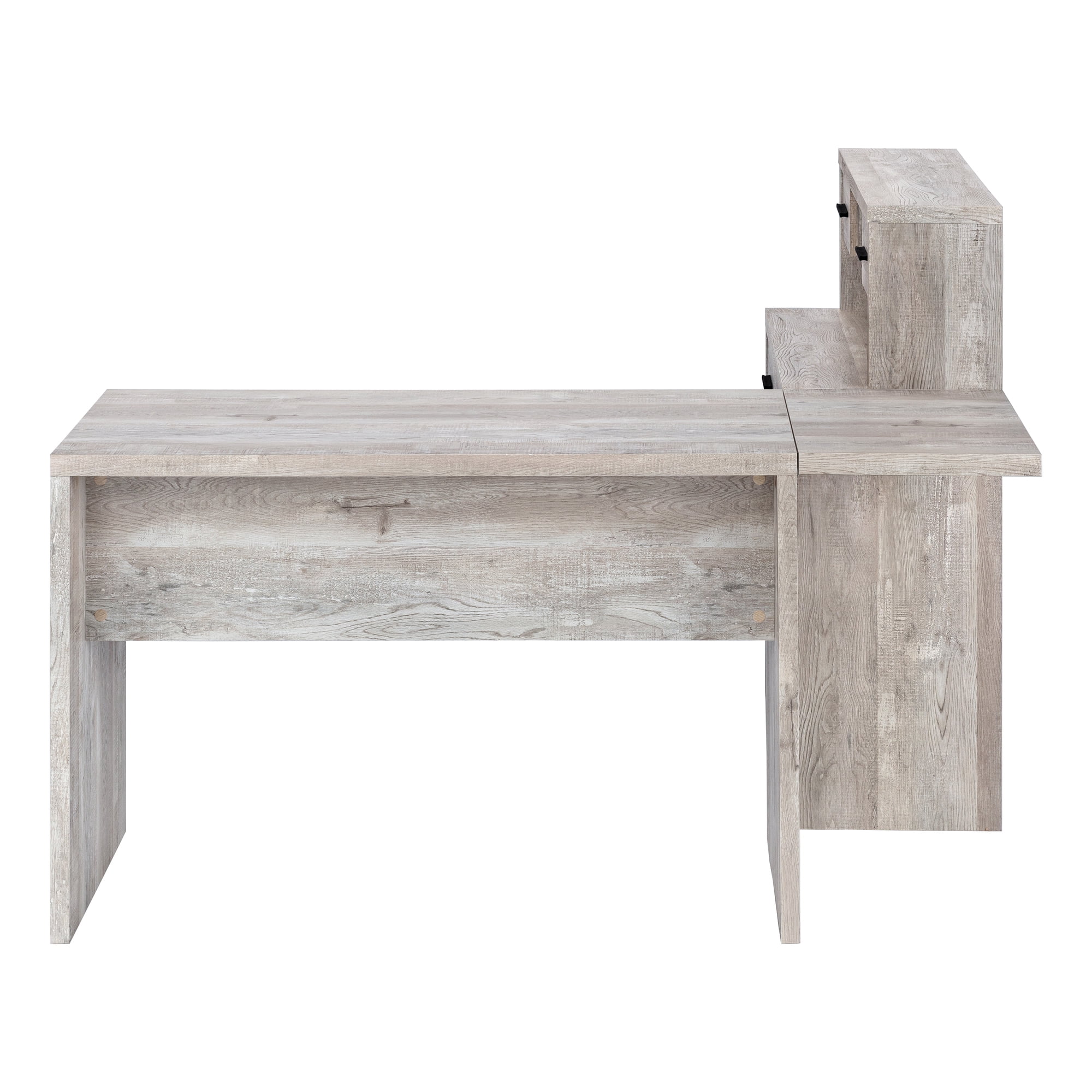 Computer Desk - L-Shaped / Corner / Hutch / 8 Drawers / 3 Cubbies / Reversible - 63"L X 59"W - Taupe Reclaimed Wood-Look