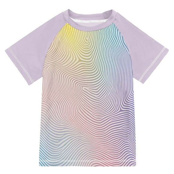 FORMRS Boys Rash Guard Short Sleeves Swim Shirt Quick Dry UPF 50 Sun Protection, Sizes 3-12T, Pink Wavy Striped