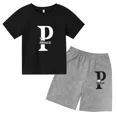 thumbnail image 3 of Conjunto de 2 piezas de camiseta y pantalones cortos de algodón con letras simples vintage de verano 2024 para niños, moda de tendencia para bebés y niñas, 3 of 5