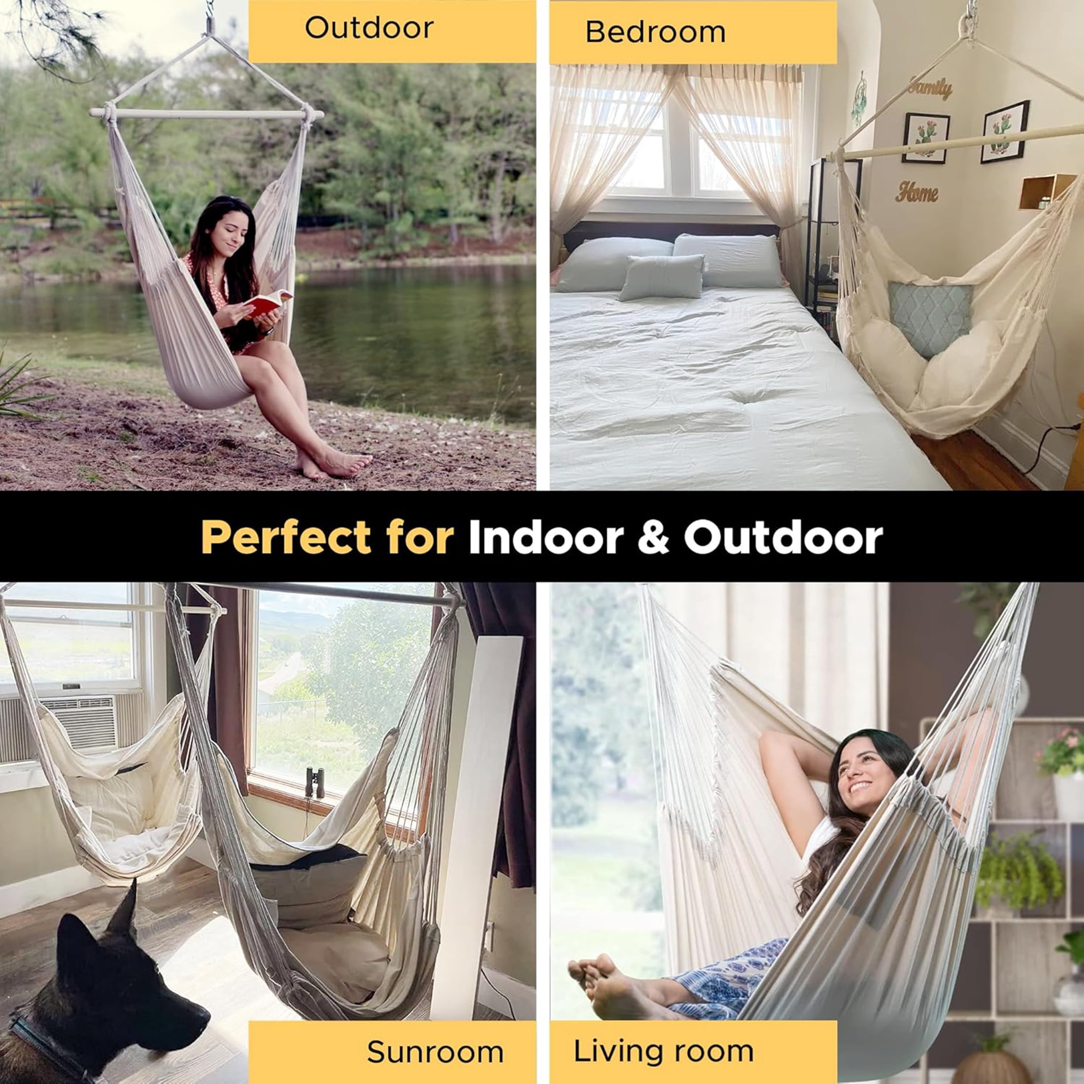 Sunyear Hammock Chair Anti-Slip Oversized Swing Chair  -  XXL Hanging Chair with  Steel Spreader Bar and Pocket for Bedroom, Patio, Outdoor/Indoor Use  (500 lbs Capacity)