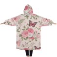 thumbnail image 2 of Oversized Wearable Blanket Hoodie,Pink Butterfly Floral Bow White Pattern Sherpa Blanket Hoodie with Super Pockets,Super Warm Fuzzy Pullover for Women & Men, 2 of 6
