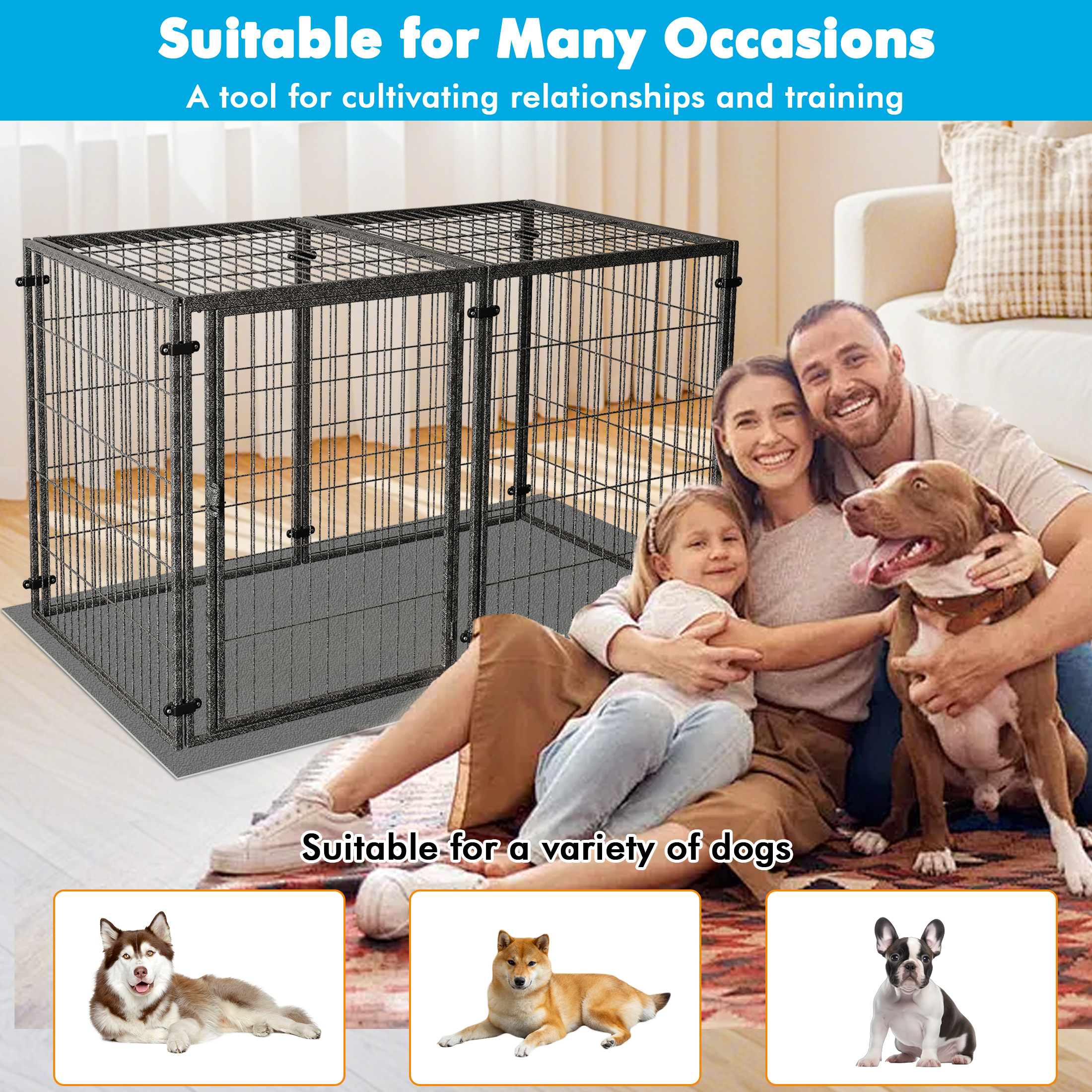 Wdmiya Large Dog Crate, 57 Inch Metal Kennel for Medium and Small Dogs, Safe Indoor & Outdoor XL Big Puppy Bottomless Cage with Comfort Mat, Pet Playpen Yard, Dog Fence Playpen, Silver