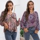 thumbnail image 3 of Moda mujer imprimir blusa con cuello en v manga larga encaje empalme suelto casual camisa bohemia to Abanopi Morado/Extragrande, 3 of 7