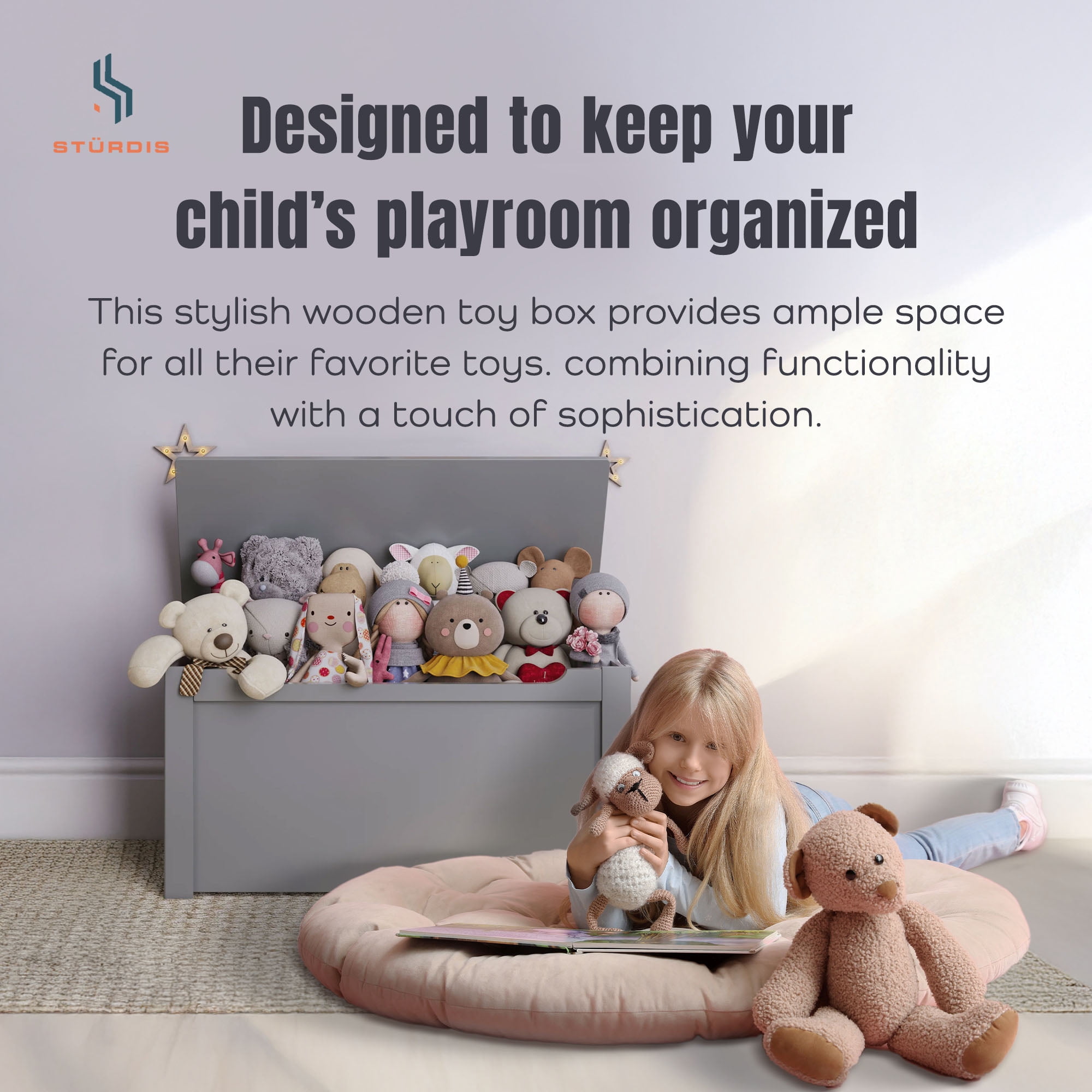 Sturdis Wooden Toy Box Spacious Storage for Home Organization, Gray
