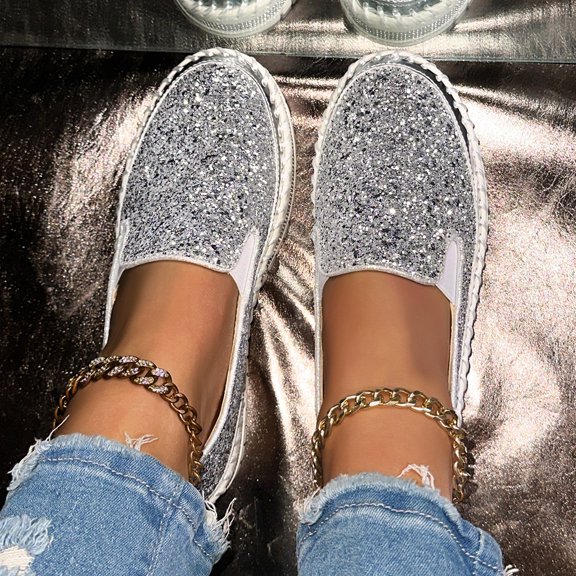 Generic Wide Fit Sparkle Sneakers for Women, Breathable Slip-On Lightweight Walking Shoes with Sequined Design for Summer Casual