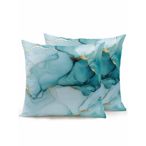 Waterproof Outdoor Throw Pillows with Inserts 16"x16" Set of 2, Marble Teal Soft Decorative Pillowcases for Couch Bedroom, Golden Ink Painting Abstract Modern Pillow Covers for Sofa Living Room