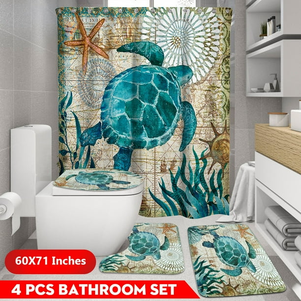 Sea Turtle Shower Curtain Sets With Non Slip Rugs Toilet Lid Cover And Bath Mat Nautical Ocean Shower Curtains With 12 Hooks Durable Waterproof Bath Curtain Walmart Com Walmart Com