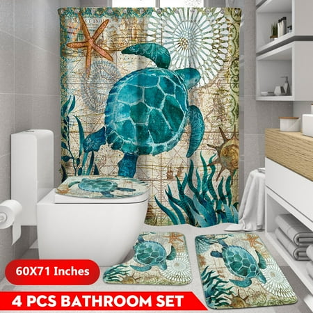60x71 inch Tortoise Pattern Waterproof Fabric Shower Curtain OR 3 PCS Non-Slip Pedestal Rugs Toilet Seat Lid Cover Bathroom Set