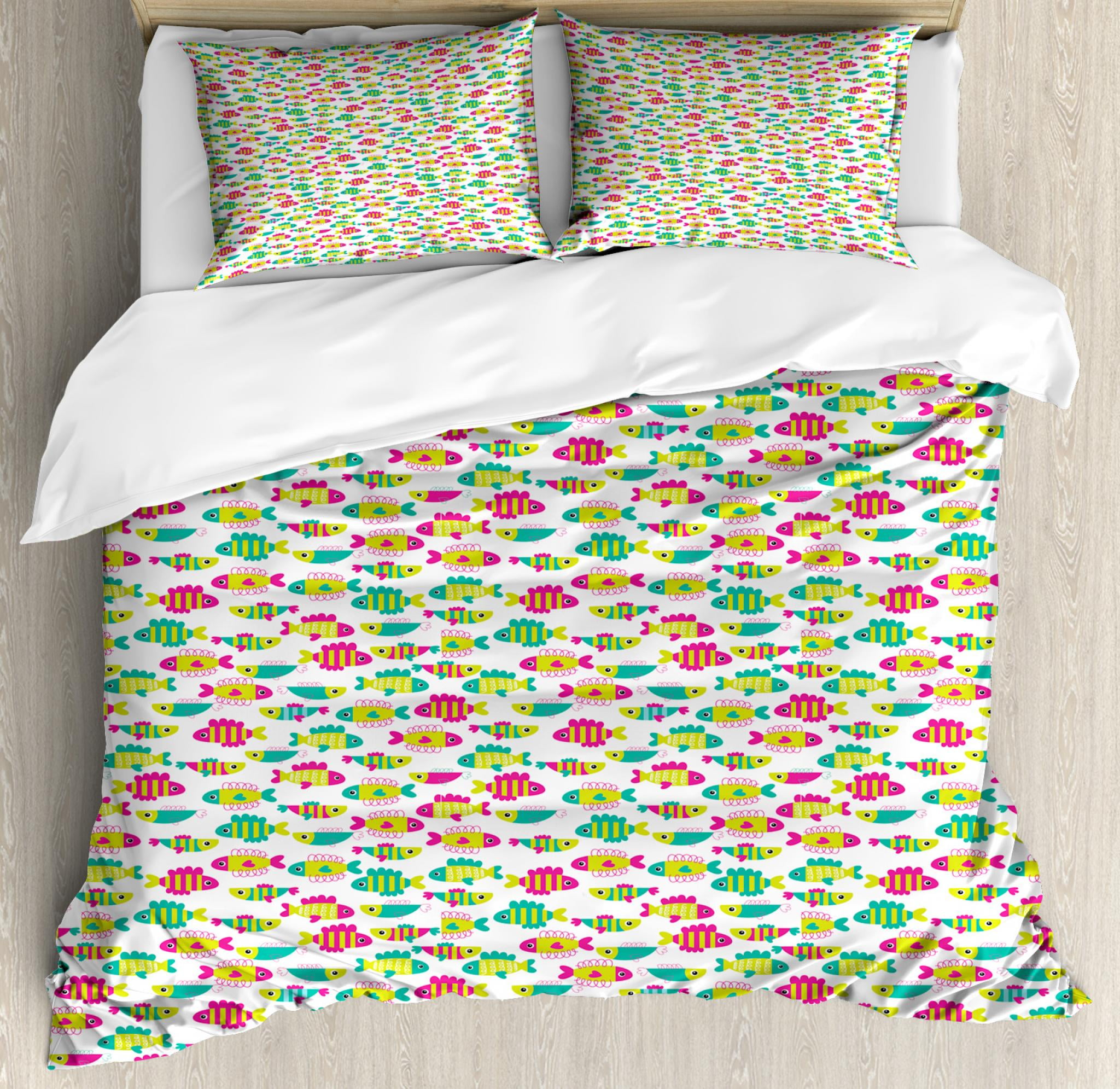 Fish Duvet Cover Set King Size Animals Of The Aquarium With Stripes Fish Duvet Cover Set King Size Animals Of The Aquarium With Stripes Swirls And Hearts Pattern Cartoon Style Fauna Decorative 3 Piece Bedding 2