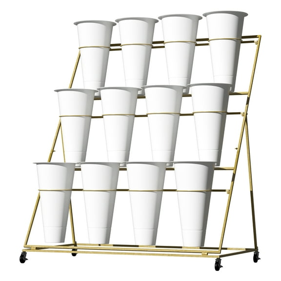 Floral Display Stand with Buckets, Triangular Support Base, 12 White Circular Pots, 3-Tier Gold Plant Cart, Flower Stand, Living Room, Porch, Decoration
