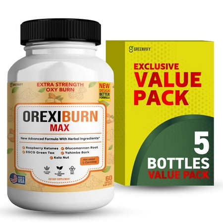 Orexiburn Max Extra Strength Weight Management Supplement, 60 Capsules, with Raspberry Ketones, Green Tea, L-Carnitine, 5-Pack