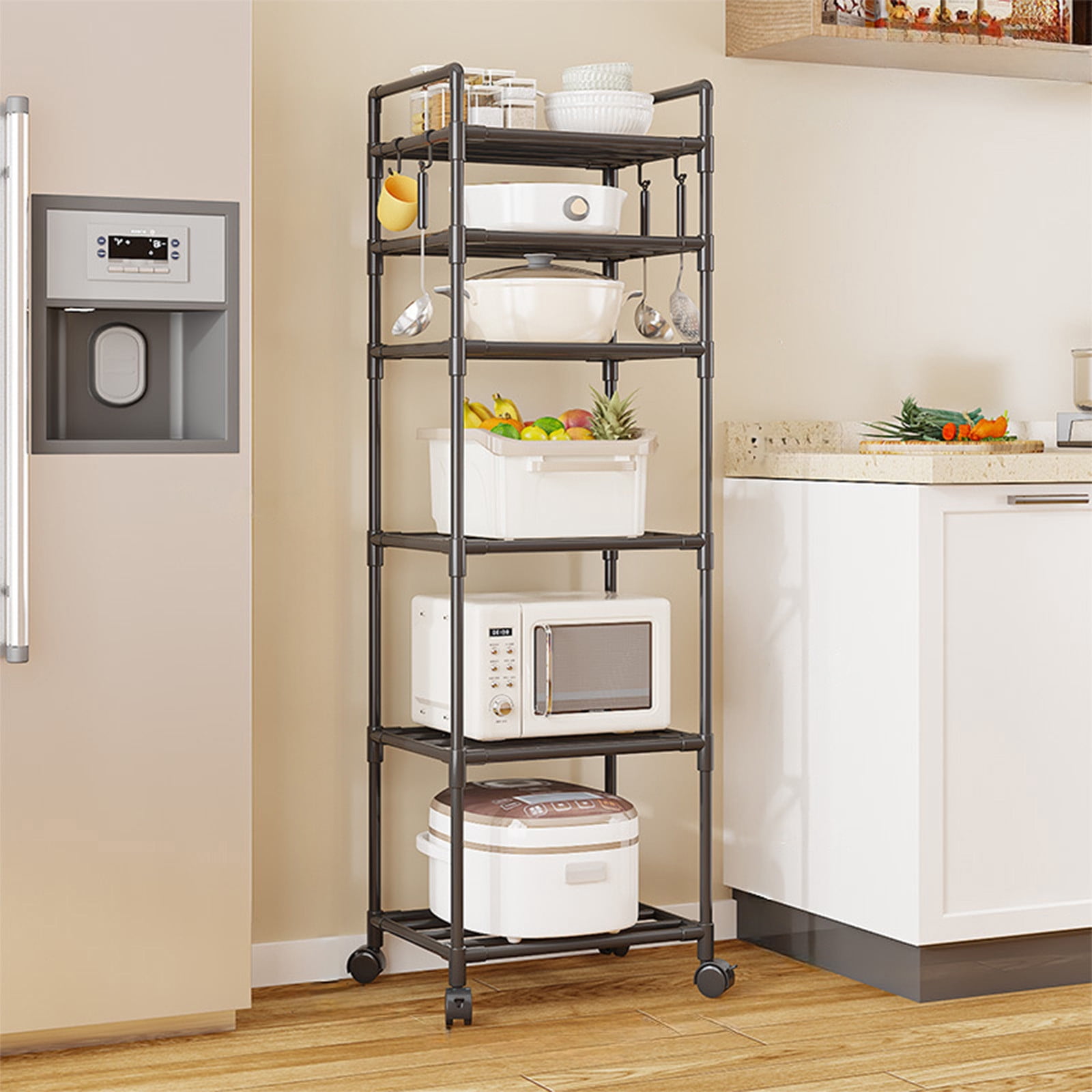 6 Tier Rolling Cart Organizer,Laundry Room Bathroom Organizers and Storage Office Shelves Mobile Shelving Unit Kitchen Trolley Cart with Wheels for Art,Craft,Diaper,Bedside,Snack(Black)
