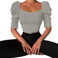 thumbnail image 1 of Camiseta informal de manga abombada con cuello redondo para mujer, camiseta ajustada acanalada de Color puro, Top gris XL, 1 of 7