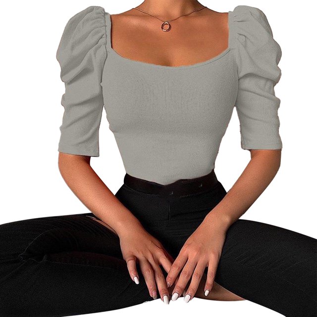 Camiseta informal de manga abombada con cuello redondo para mujer, camiseta ajustada acanalada de Color puro, Top gris XL