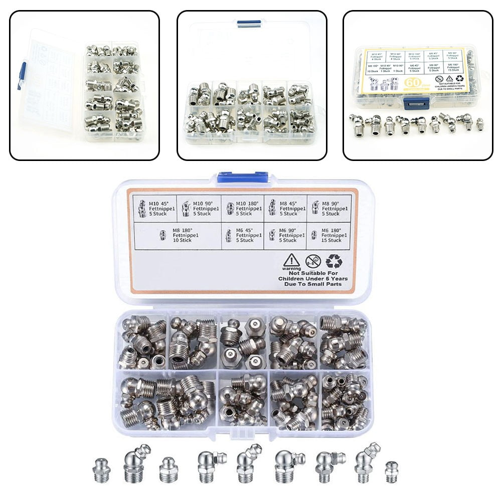 60 Piece Grease Fitting Kit with Needle Nozzle for Hard to Reach Areas
