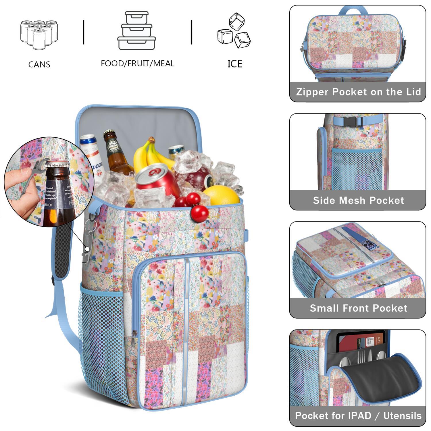 Travel Cooler Bag - Pioneer Flower Camping Beer Cooler Backpack with Bottle Opener- Waterproof Insulated Picnic Backpacks - Cooler Bag for Beach