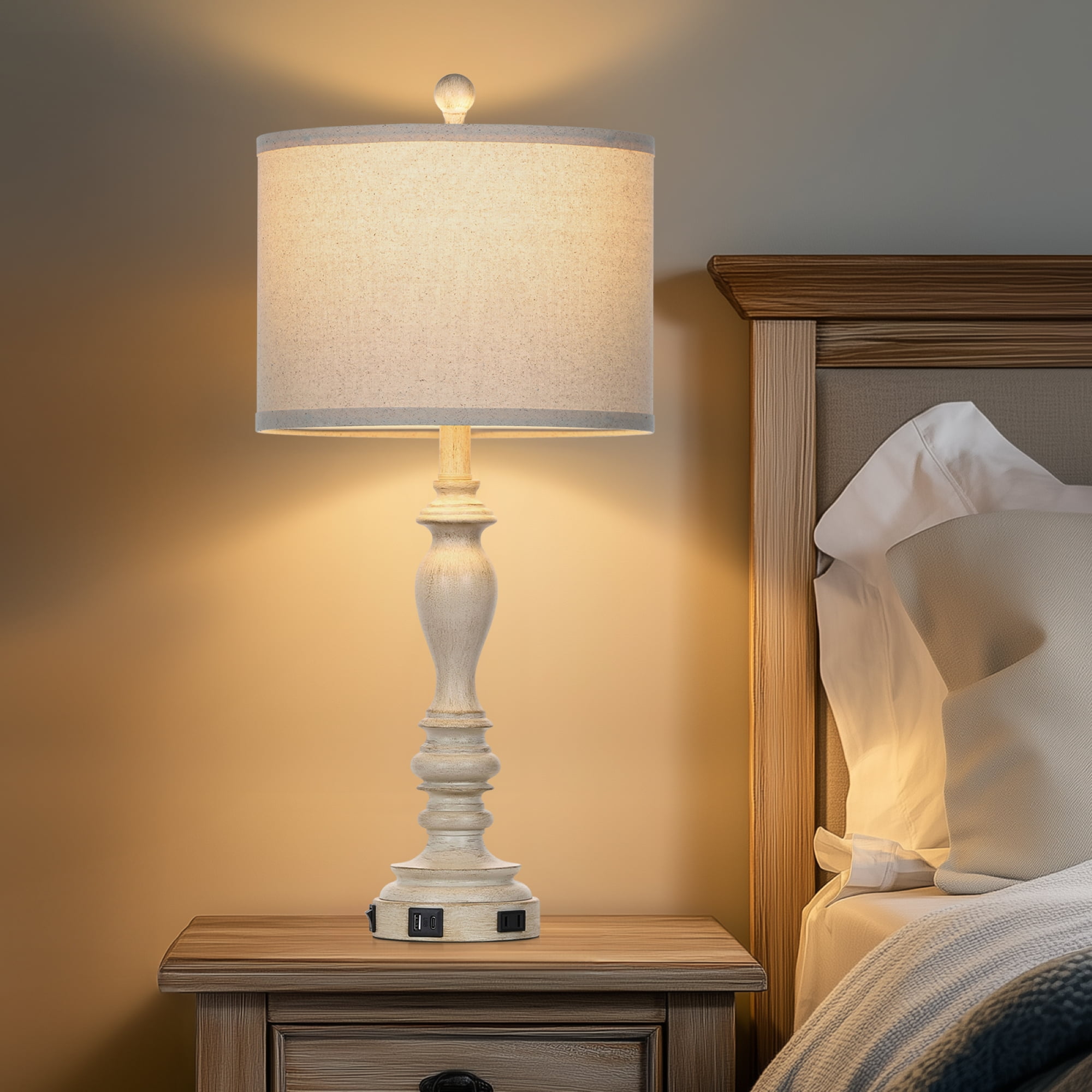 Cinkeda Farmhouse Resin Table Lamp Set of 2 with USB A+C Ports AC Outlet for Bedroom Living Room 27.5" Rustic Bedside Nightstand Lamps